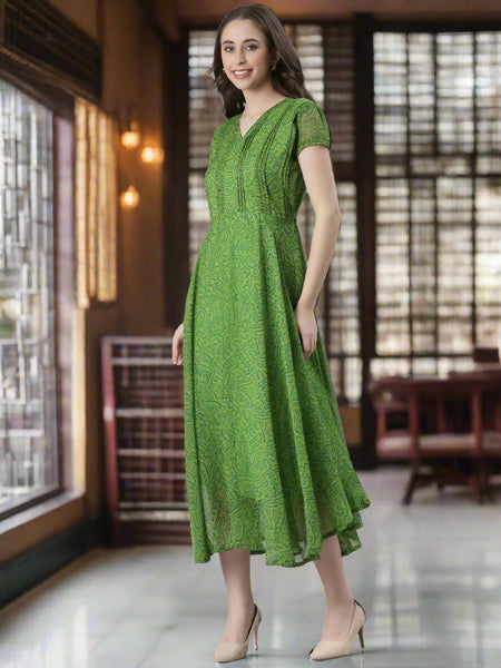 Souchii Green Printed Midi Dress ā Flowy Fit & Flare