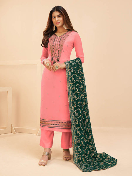 Myra Peach Georgette Embroidered Palazzo Suit