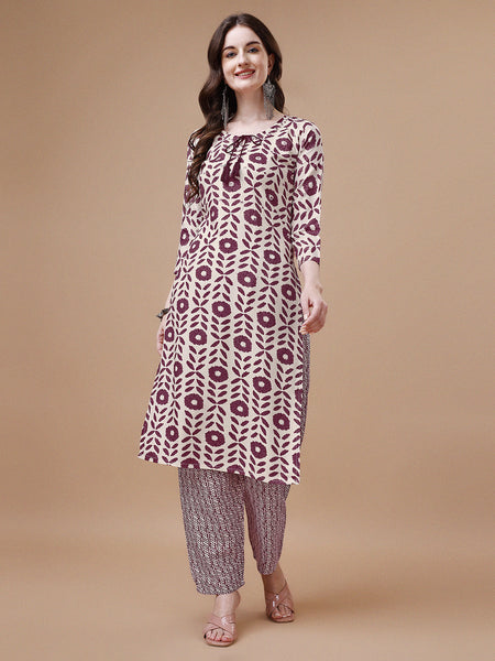 Women Tie Up Tassel Neck Printed Kurta With Pant, Multicolor - Hiral Fashion