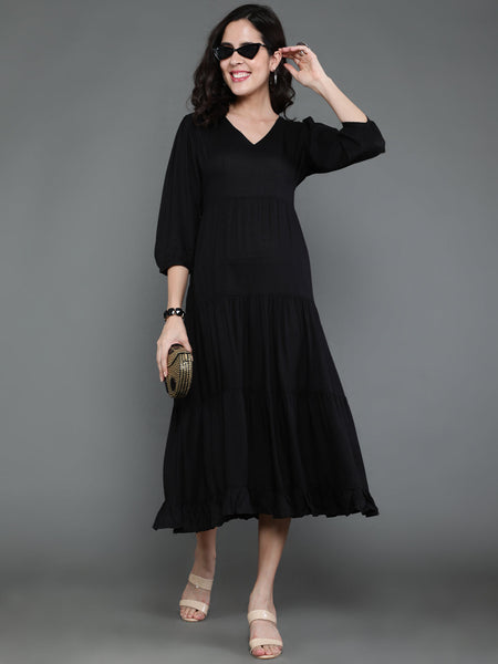Antaran Black Rayon Flared Solid Black Dress