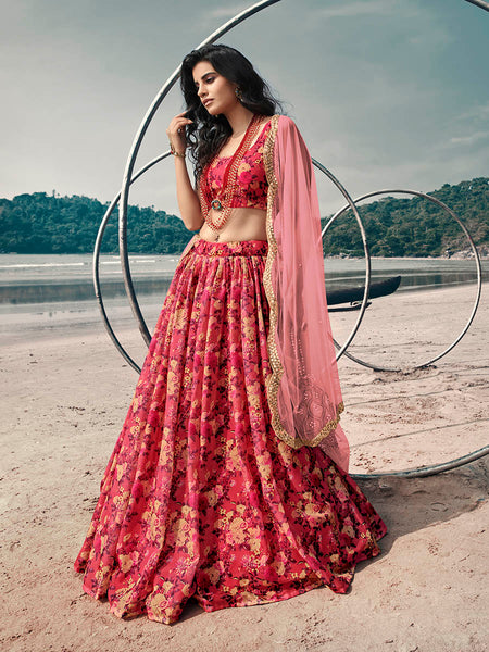 Myra Gajeri Red Organza Printed Lehenga