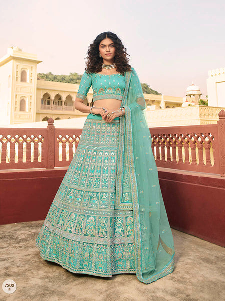 Myra Turquoise Organza Embroidered Lehenga