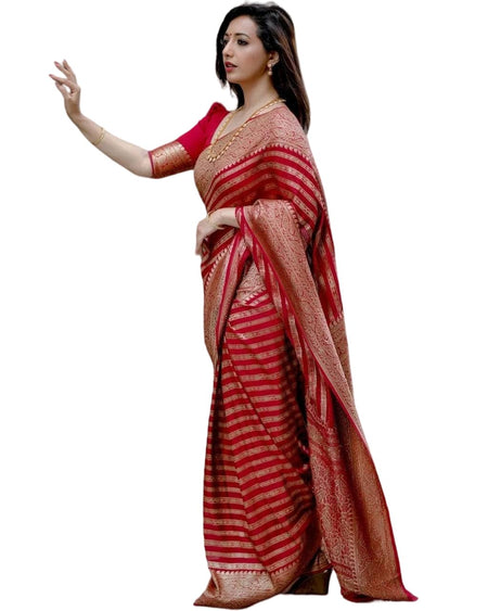 Vamika Weaving Banarasi Jacquard Red Kanjivaram Saree