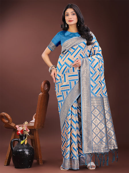 Shree Shyam Fashion Elegant Sky Blue & Cream Linen Saree with Geometric Design and Zari Border - Festive & Party Wear