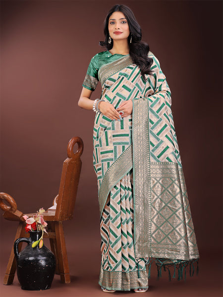Shree Shyam Fashion Elegant Green & Cream Linen Saree with Geometric Design and Zari Border - Festive & Party Wear