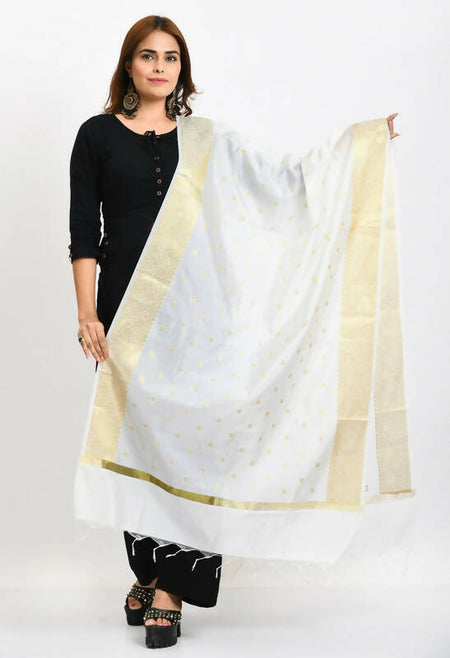 Mominos Fashion Moeza Women's Banarsi Silk Woven Design White Dupatta