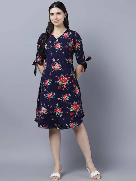Myshka Women Navy Blue Pink Floral Print A-line Dress