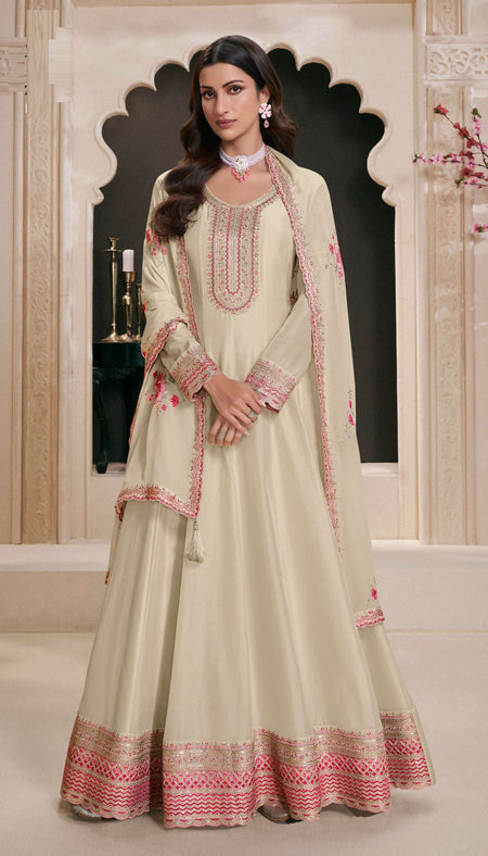 Anaita Cream Embroidered Work Silk Stitched Anarkali Suit