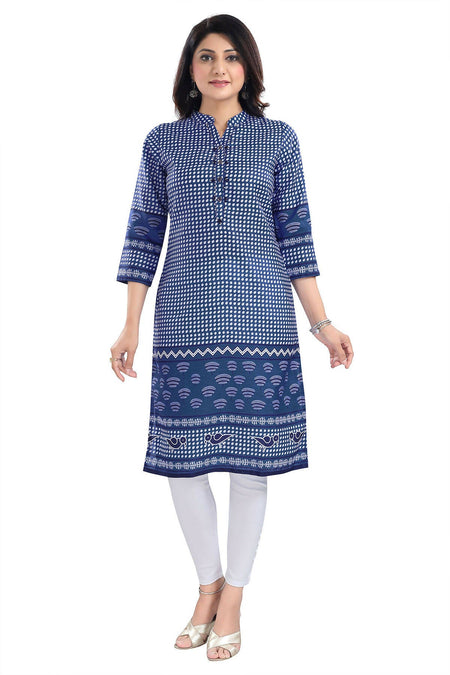 Snehal Creations Indigo Blue Designer Digital Print Cotton Slub Fabric Long Kurti Tunic