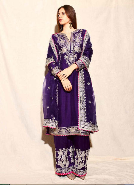 Prazu Fashion Violet Blue Chinon Silk Embroidered Palazzo Suit