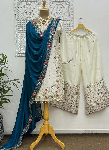 Prazu Fashion Off White Chinon Silk Embroidered Palazzo Suit