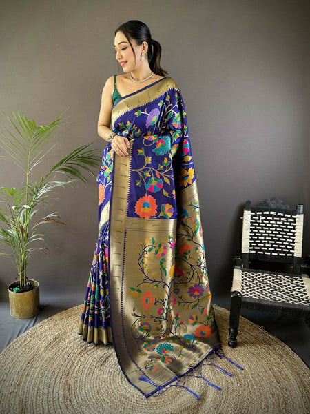 Joban Fashion Blue Zari Woven Floral MotifsĀ Soft Silk Paithani Silk Saree
