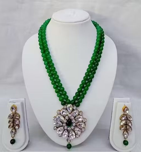 Jewel City Traditional Handcrafted Ethnic Green Beaded Necklace Set with Gold-Plated Finish & Studded Stones