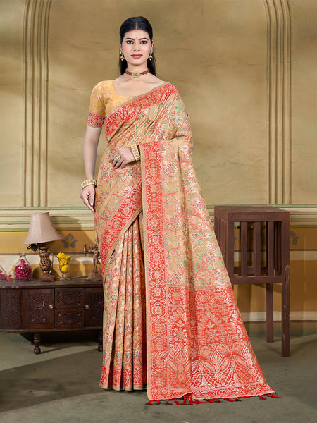 Sangam Prints Beige Cotton Silk With Meena Woven Work Traditional Saree