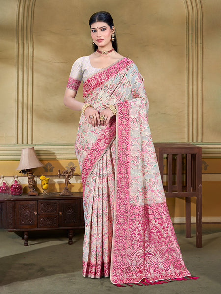 Sangam Prints Cream Cotton Silk With Meena Woven Work Traditional Saree