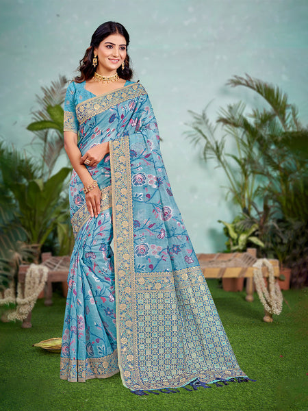 Sangam Prints Sky Blue Cotton Silk With Meena Woven Work Traditional Saree