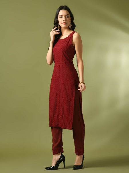 Myshka Women's Maroon Embroidered Cotton Straight Party Kurta Set