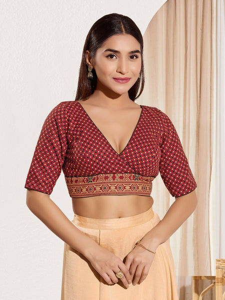 Joban Fashion Maroon Cotton Padded Blouse With V Neck Elbow Sleeves