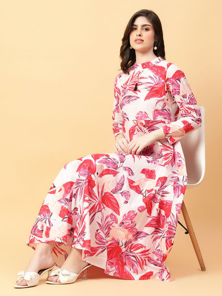 Joban Fashion Red Cotton Printed & Hand Work Dress