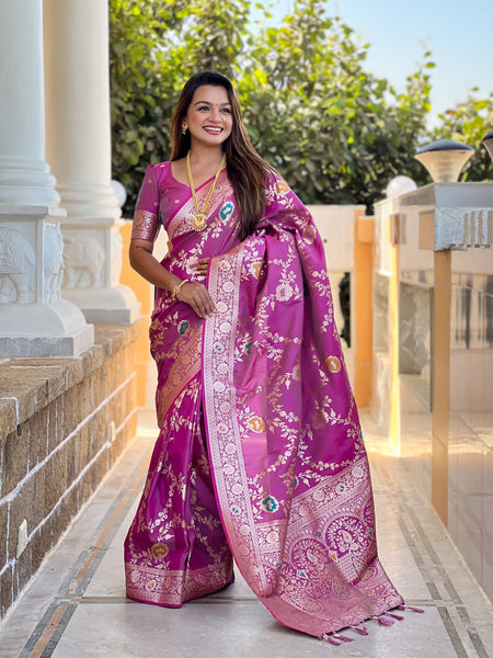 Vedant Vastram Soft Litchi Silk Banarasi Silk Jacquard Saree - Purple