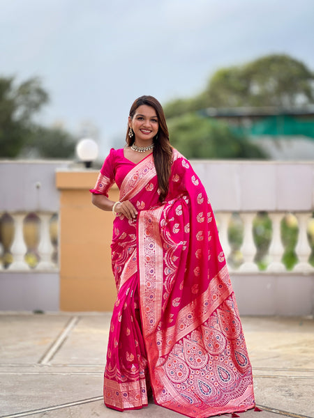 Vedant Vastram Soft Litchi Silk Banarasi Silk Jacquard Saree - Pink