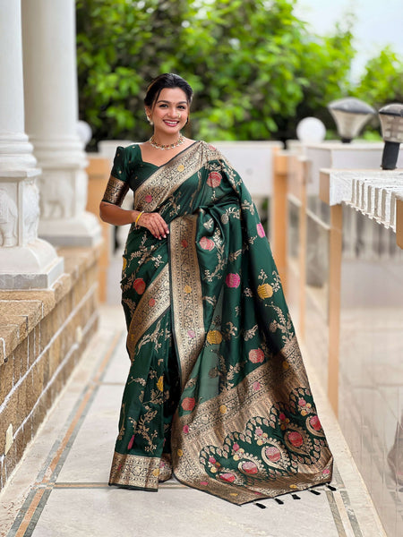 Vedant Vastram Soft Litchi Silk Banarasi Silk Jacquard Saree - Green