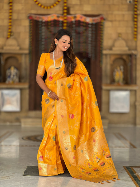 Vedant Vastram Soft Litchi Silk Banarasi Silk Jacquard Saree - Yellow