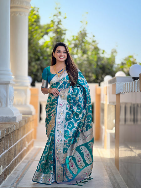 Vedant Vastram Soft Litchi Silk Banarasi Silk Jacquard Saree - Rama