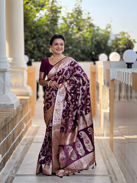Vedant Vastram Soft Litchi Silk Banarasi Silk Jacquard Saree - Wine
