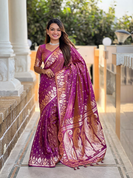 Vedant Vastram Soft Litchi Silk Banarasi Silk Jacquard Saree - Purple