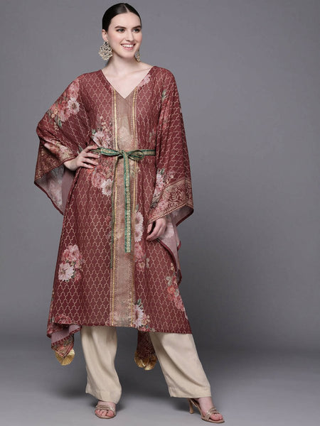 Ahalyaa Women Maroon Floral Printed Flared Sleeves Kaftan Kurta