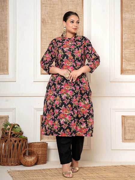 Yufta Black Kantha Work Plus Size Kurta Set With Pant