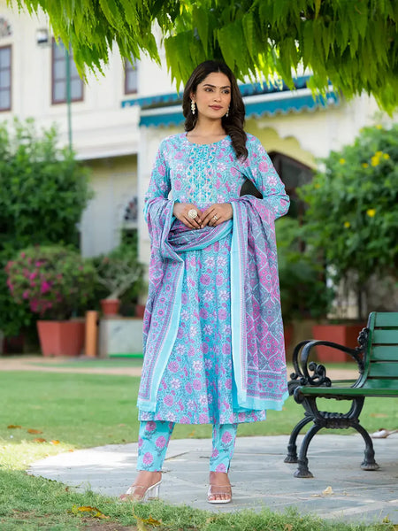 Yufta Blue Floral Print Anarkali Kurta Trouser And Dupatta Set