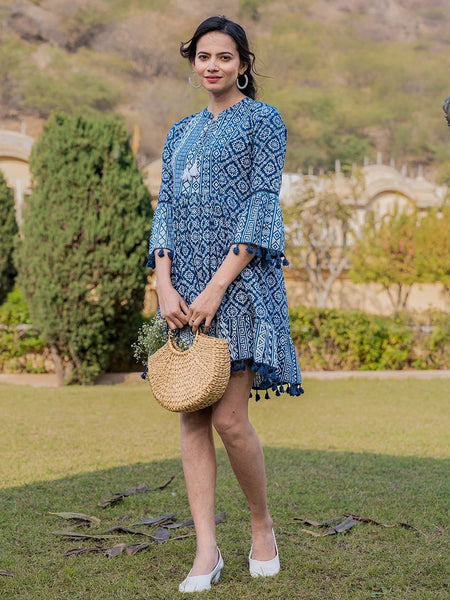 Yufta Blue Pure Cotton Ethnic Motifs Less Border Tassels Were Dress