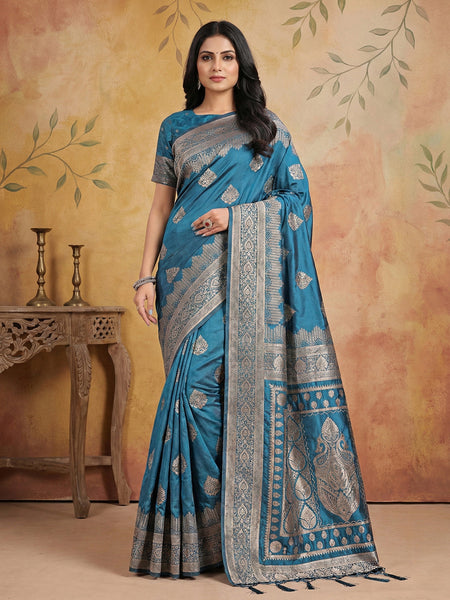 Anaita Blue Silk Blend Woven Saree With Blouse