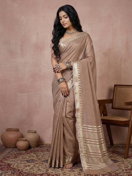 Anaita Brown Cotton Saree With Blouse