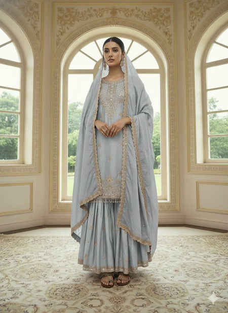 Teeya Creation Grey Color Chinnon Silk Embroidery Work Wedding Wear Salwar Suit