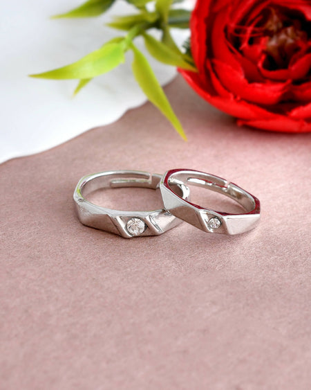 VOJ Stainless Steel Cubic Zirconia Silver Plated Adjustable Ring Set for Couple