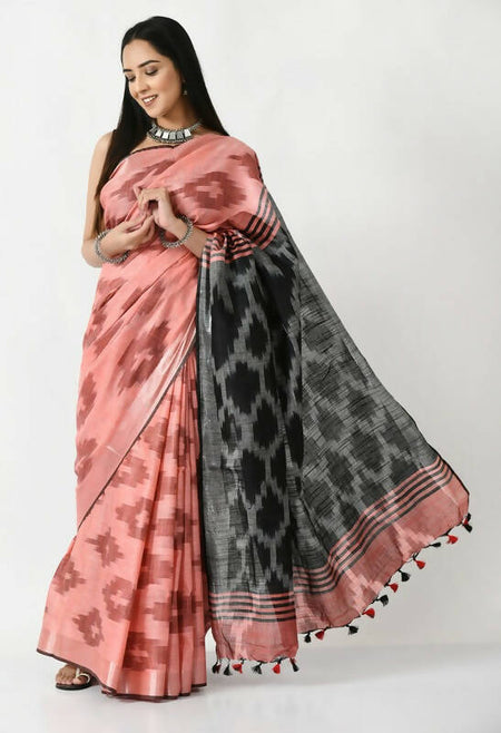 Mominos Fashion Moeza Gajari & Black Bhagalpuri Handloom Ikat Pure Cotton Saree with unstitched Blouse piece