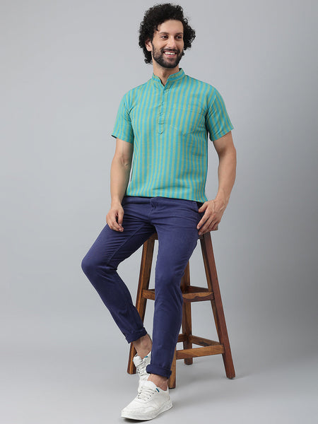 RIAG Blue Color Short Sleeves Casual Men's Cotton Short Kurta