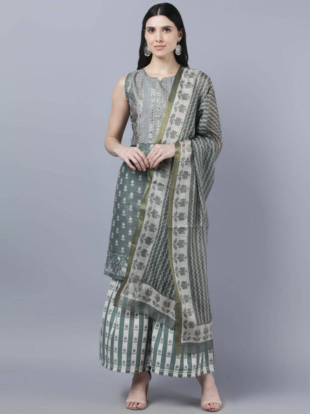 Myshka Women Grey Ethnic Motifs Printed Kurta with Shararas With Dupatta Set