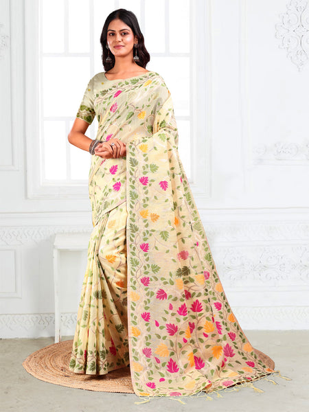 Anaita Cream Linen Printed Saree With Blouse