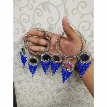 MS Fashion India Blue Pearls With Mirror Latkan Bangles