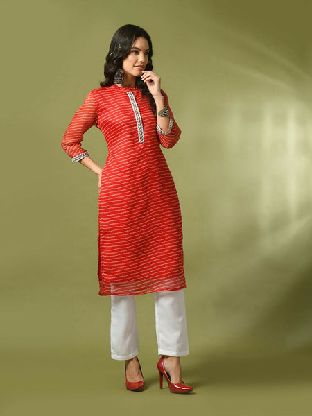 Myshka Women's Red Printed Cotton Blend Straight Party Kurta Set