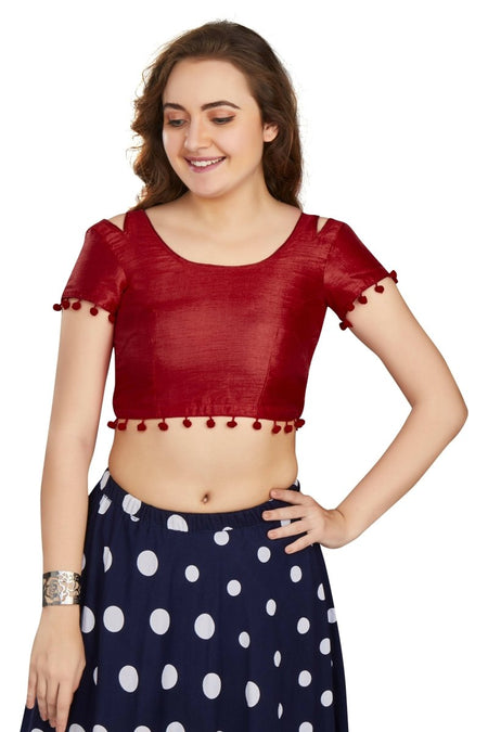 Aastha Fashion Women's Maroon Art Silk Pom Pom Lace Readymade Blouse