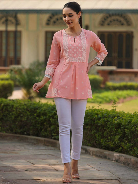 Juniper Women's Peach Cambric Floral Printed Tunic