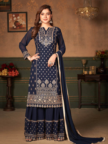 Myra Navy Blue Faux Georgette Embroidered Sharara Suit