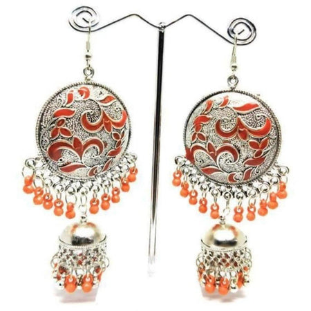 MS Fashion India Muskan Fancy Glass Pearl Orange Enamel Chandbali Jhumka Earrings