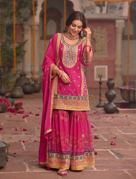 Anaita Rani-Pink Chinon Readymade Palazzo Suit with Codding Dori & Sequence Work