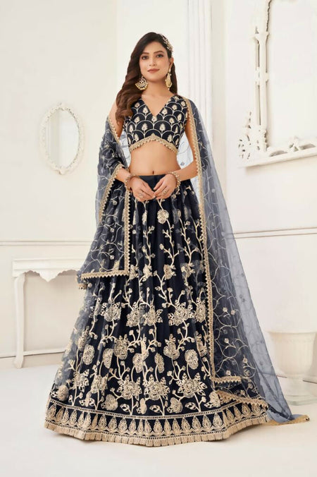Aastha Fashion Black Butterfly Net White Cotton Thread Work And Sequence Work Embroidery Wedding Wear Lehenga Choli